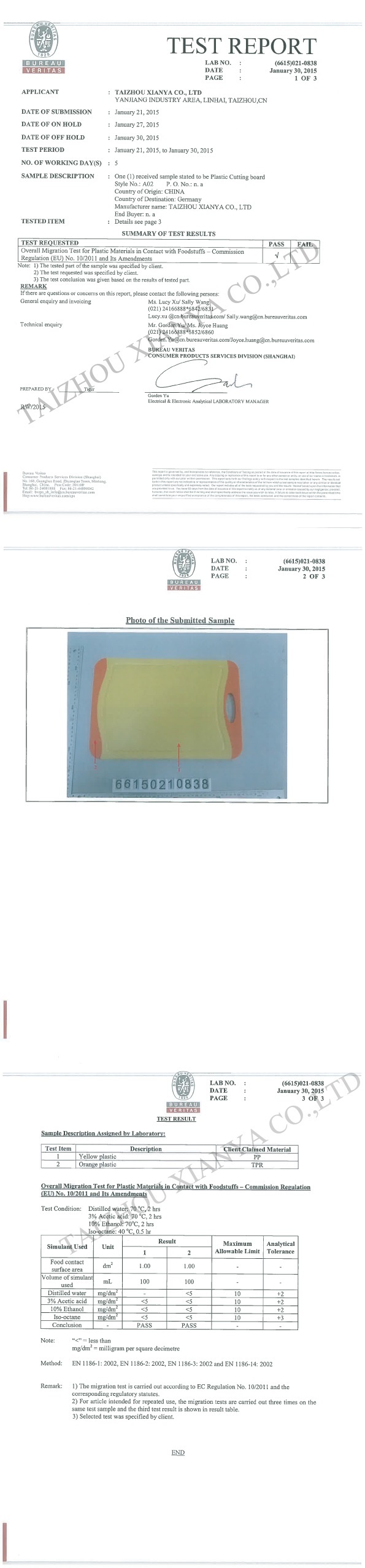 Overall migration test for plastic material